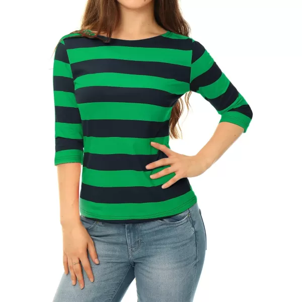 Allegra K Women's Slim Fit Elbow Sleeve Striped Boat Neck T-Shirt