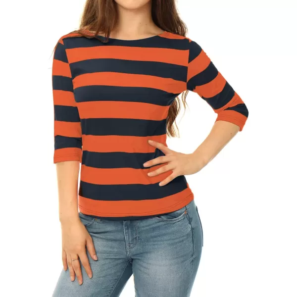 Allegra K Women's Slim Fit Elbow Sleeve Striped Boat Neck T-Shirt