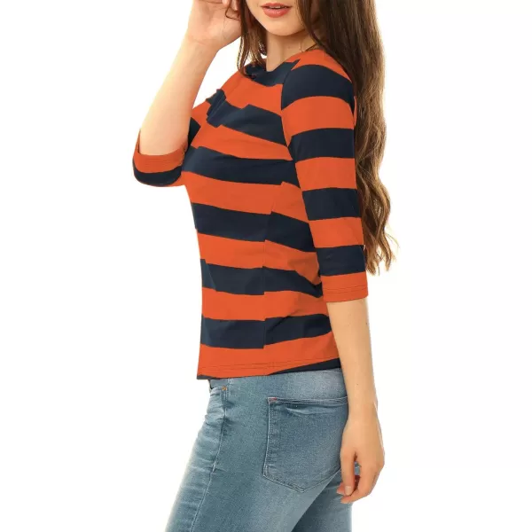 Allegra K Women's Slim Fit Elbow Sleeve Striped Boat Neck T-Shirt