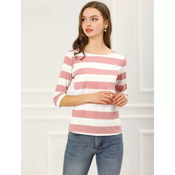 Allegra K Women's Slim Fit Elbow Sleeve Striped Boat Neck T-Shirt