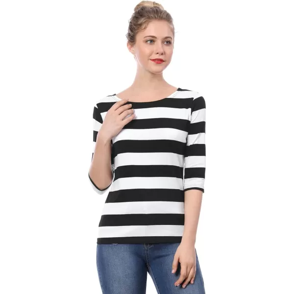 Allegra K Women's Slim Fit Elbow Sleeve Striped Boat Neck T-Shirt