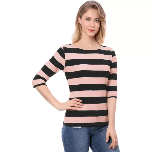 Allegra K Women's Slim Fit Elbow Sleeve Striped Boat Neck T-Shirt