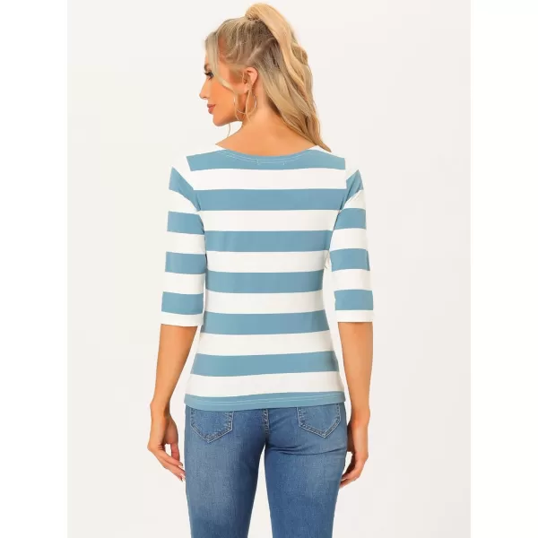 Allegra K Women's Slim Fit Elbow Sleeve Striped Boat Neck T-Shirt