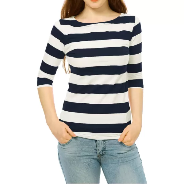 Allegra K Women's Slim Fit Elbow Sleeve Striped Boat Neck T-Shirt