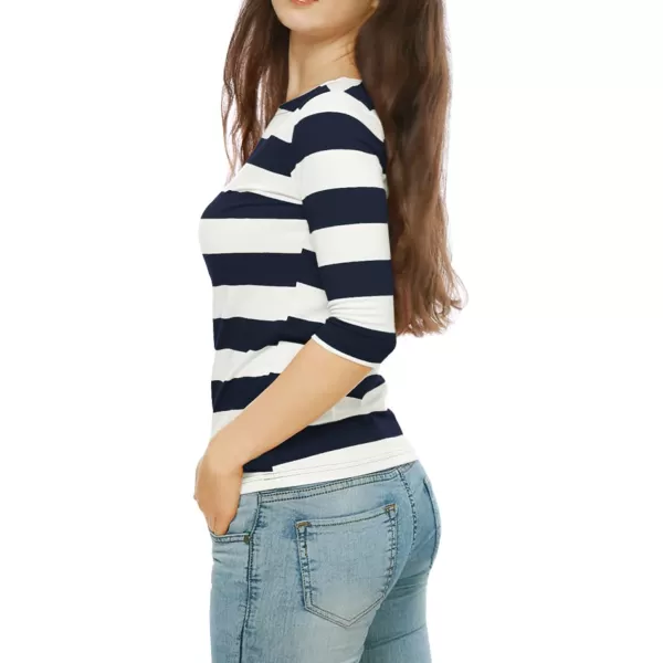 Allegra K Women's Slim Fit Elbow Sleeve Striped Boat Neck T-Shirt