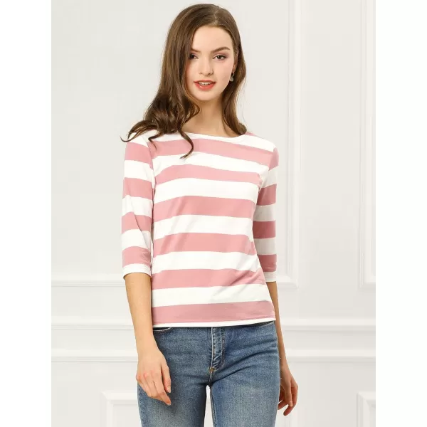 Allegra K Women's Slim Fit Elbow Sleeve Striped Boat Neck T-Shirt