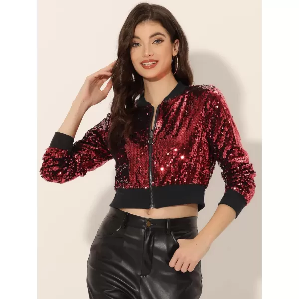 Allegra K Women's Sparkly Glitter Jackets Zipper Front Crop Bomber Sequin Jacket