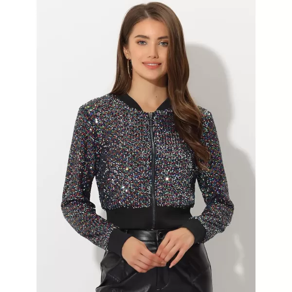 Allegra K Women's Sparkly Glitter Jackets Zipper Front Crop Bomber Sequin Jacket