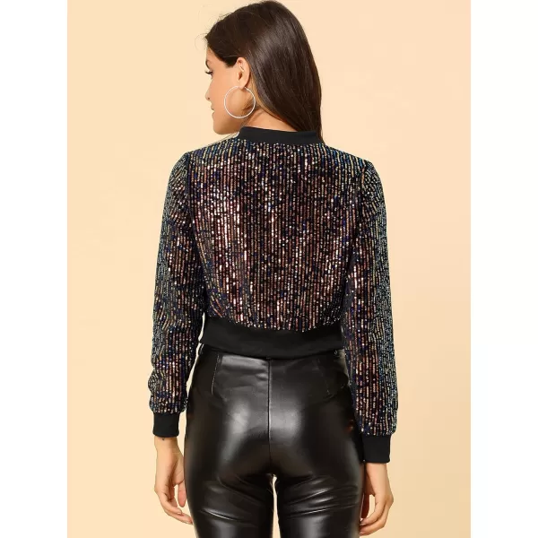 Allegra K Women's Sparkly Glitter Jackets Zipper Front Crop Bomber Sequin Jacket