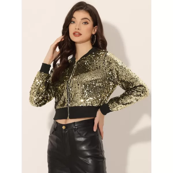 Allegra K Women's Sparkly Glitter Jackets Zipper Front Crop Bomber Sequin Jacket