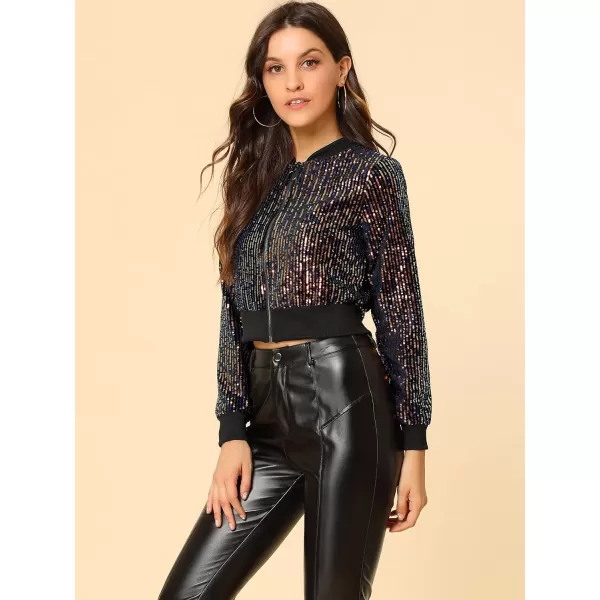 Allegra K Women's Sparkly Glitter Jackets Zipper Front Crop Bomber Sequin Jacket