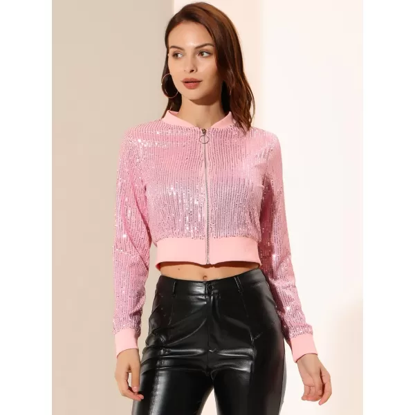 Allegra K Women's Sparkly Glitter Jackets Zipper Front Crop Bomber Sequin Jacket