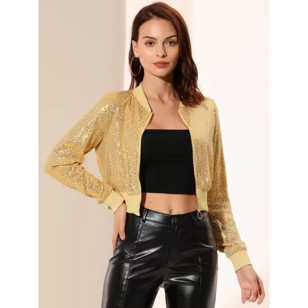 Allegra K Women's Sparkly Glitter Jackets Zipper Front Crop Bomber Sequin Jacket