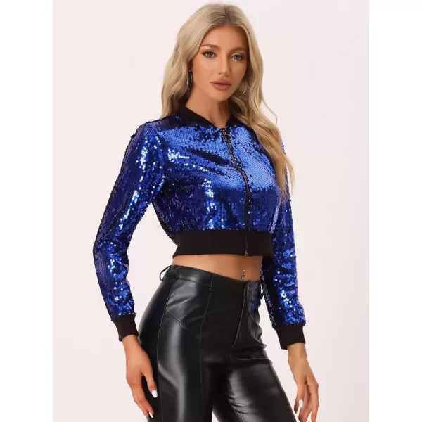 Allegra K Women's Sparkly Glitter Jackets Zipper Front Crop Bomber Sequin Jacket