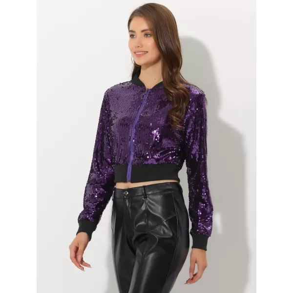 Allegra K Women's Sparkly Glitter Jackets Zipper Front Crop Bomber Sequin Jacket