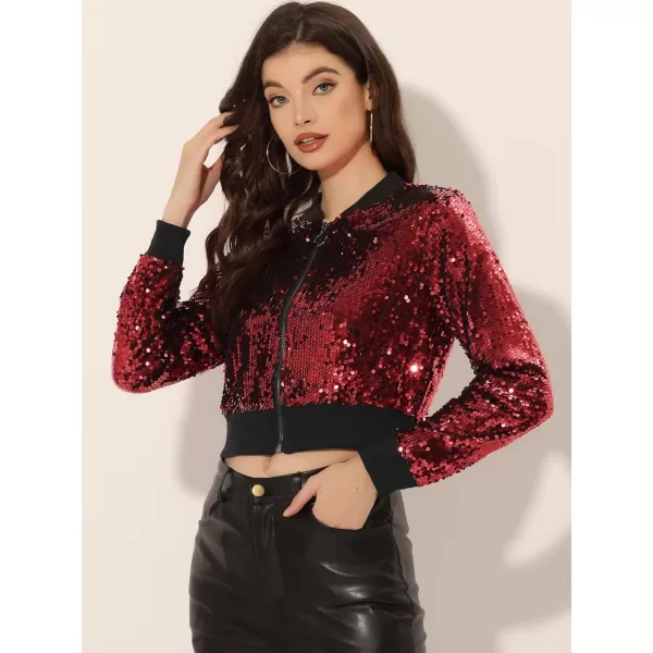 Allegra K Women's Sparkly Glitter Jackets Zipper Front Crop Bomber Sequin Jacket