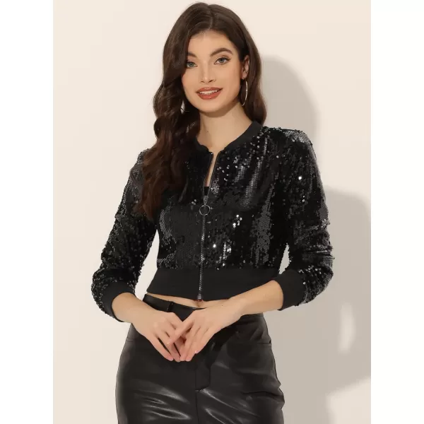 Allegra K Women's Sparkly Glitter Jackets Zipper Front Crop Bomber Sequin Jacket