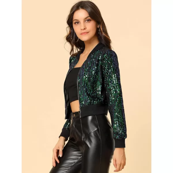 Allegra K Women's Sparkly Glitter Jackets Zipper Front Crop Bomber Sequin Jacket