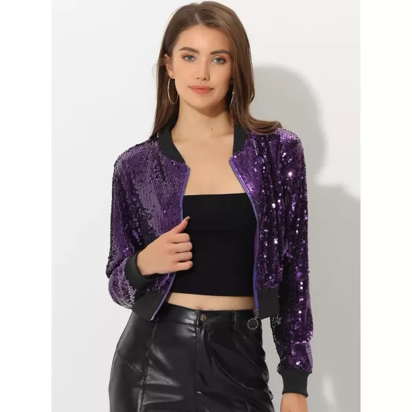 Allegra K Women's Sparkly Glitter Jackets Zipper Front Crop Bomber Sequin Jacket