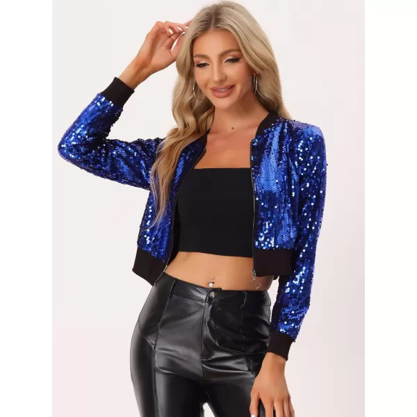 Allegra K Women's Sparkly Glitter Jackets Zipper Front Crop Bomber Sequin Jacket