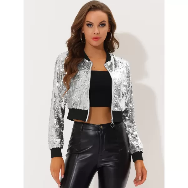 Allegra K Women's Sparkly Glitter Jackets Zipper Front Crop Bomber Sequin Jacket