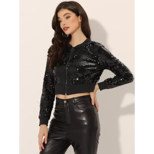 Allegra K Women's Sparkly Glitter Jackets Zipper Front Crop Bomber Sequin Jacket