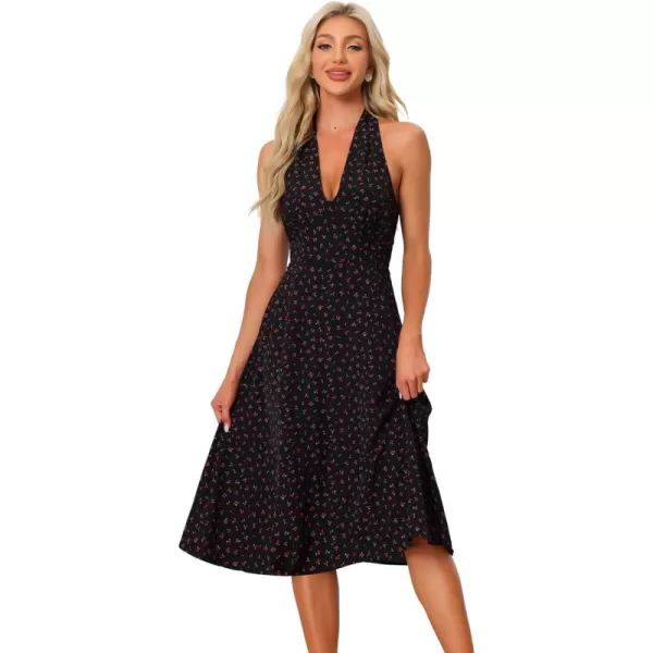 Allegra K 1950s Vintage Dress for Women's Halter Neck Cocktail Party Casual Cherry Print Dresses