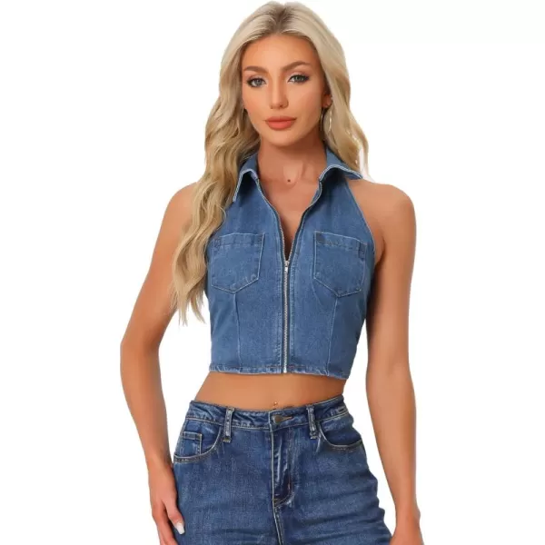 Allegra K Halter Denim Top for Women's Zipper Up Collared Sleeveless Jean Corset