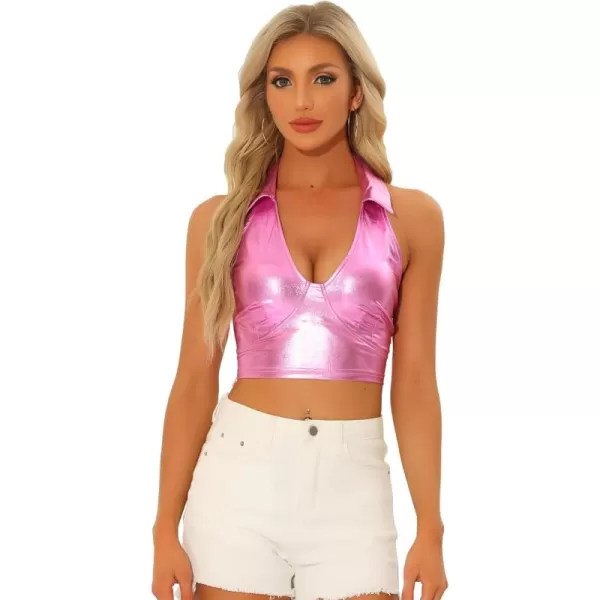 Allegra K Metallic Crop Top for Women's 2023 Halloween Shiny Club Party Halter Rave Sparkle Chrome Holographic Tops