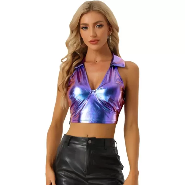 Allegra K Metallic Crop Top for Women's 2023 Halloween Shiny Club Party Halter Rave Sparkle Chrome Holographic Tops