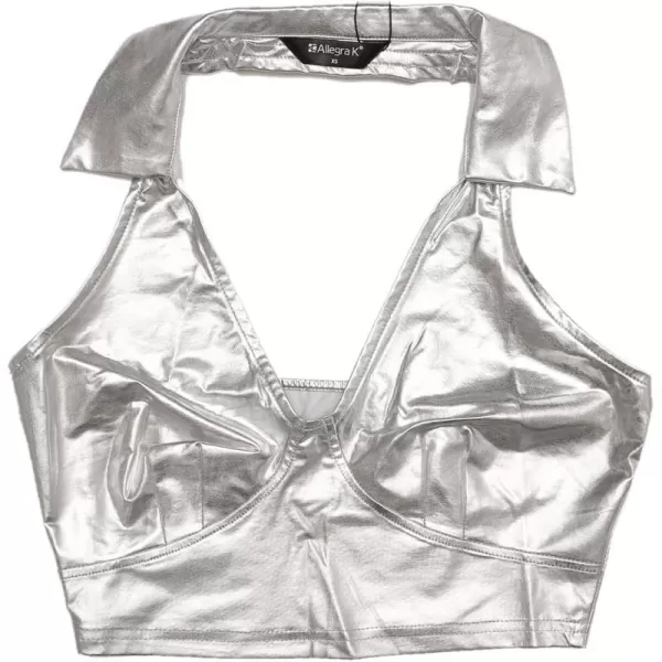 Allegra K Metallic Crop Top for Women's 2023 Halloween Shiny Club Party Halter Rave Sparkle Chrome Holographic Tops