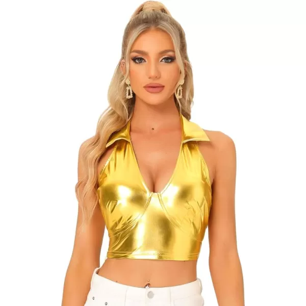 Allegra K Metallic Crop Top for Women's 2023 Halloween Shiny Club Party Halter Rave Sparkle Chrome Holographic Tops