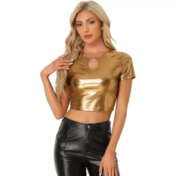 Allegra K Metallic Crop Tops for Women's Keyhole Short Sleeve Halloween Party Shiny Holographic Top