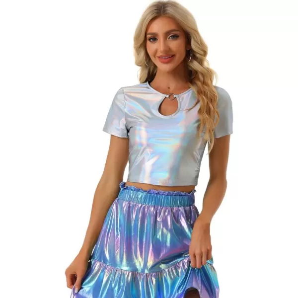 Allegra K Metallic Crop Tops for Women's Keyhole Short Sleeve Halloween Party Shiny Holographic Top