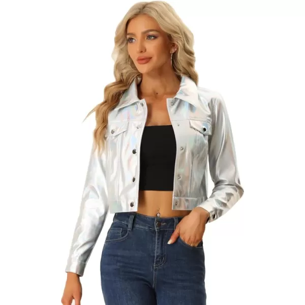 Allegra K Metallic Jacket for Women's Moto Biker Jacket Holographic Shiny Crop Party Jackets