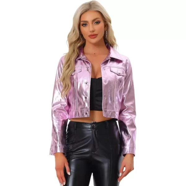 Allegra K Metallic Jacket for Women's Moto Biker Jacket Holographic Shiny Crop Party Jackets