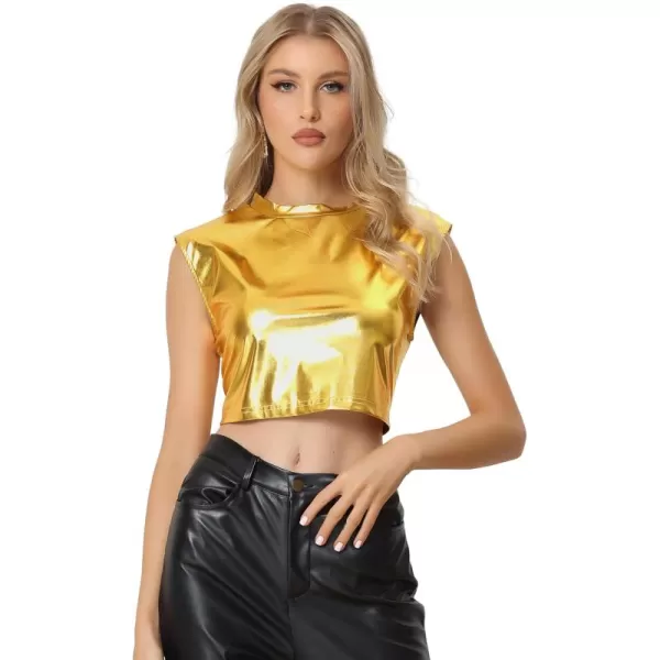 Allegra K Metallic Sleeveless Top for Women's Party Shiny Round Neck Crop Holographic Tops