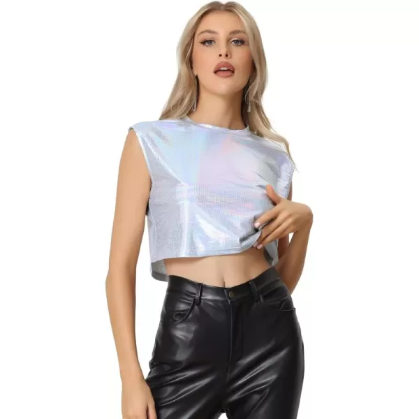 Allegra K Metallic Sleeveless Top for Women's Party Shiny Round Neck Crop Holographic Tops