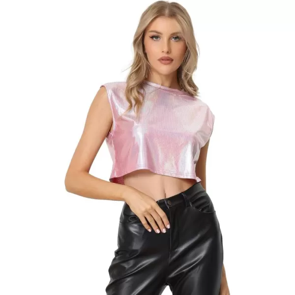 Allegra K Metallic Sleeveless Top for Women's Party Shiny Round Neck Crop Holographic Tops