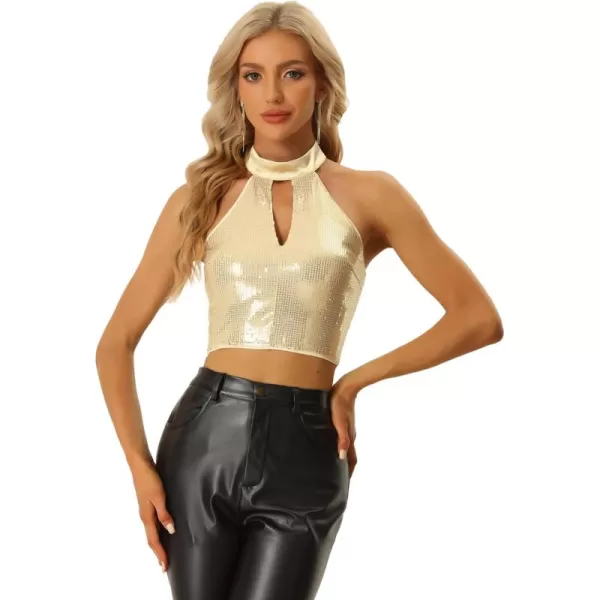 Allegra K Sequin Crop Top for Women's Sparkly Halter Neck Keyhole Sleeveless Glitter Party Top