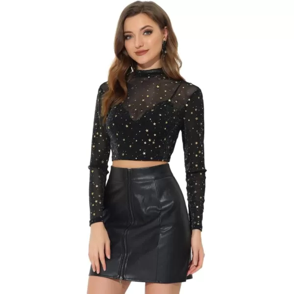 Allegra K Women's Mesh Crop Top Stars Mock Neck Halloween Party See Through Blouse