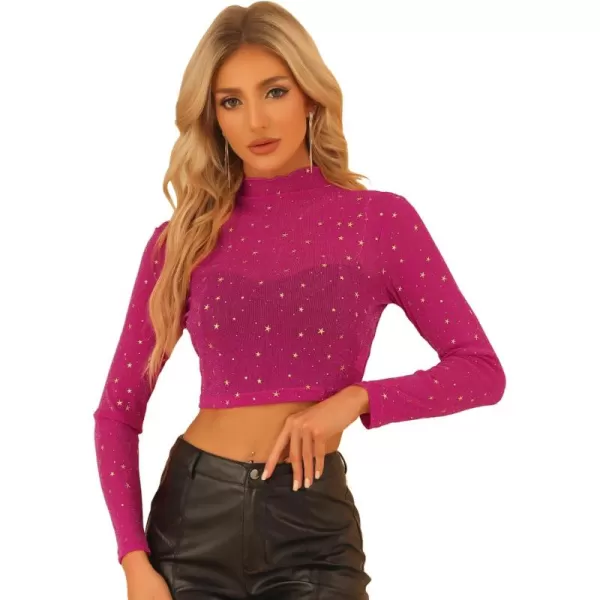 Allegra K Women's Mesh Crop Top Stars Mock Neck Halloween Party See Through Blouse