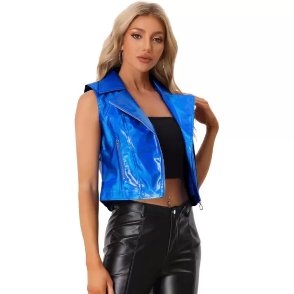 Allegra K Women's Metallic Faux Leather Vest Lapel Collar Zip Halloween Sleeveless Cropped Jacket