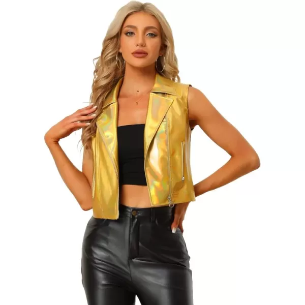 Allegra K Women's Metallic Faux Leather Vest Lapel Collar Zip Halloween Sleeveless Cropped Jacket