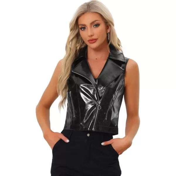 Allegra K Women's Metallic Faux Leather Vest Lapel Collar Zip Halloween Sleeveless Cropped Jacket