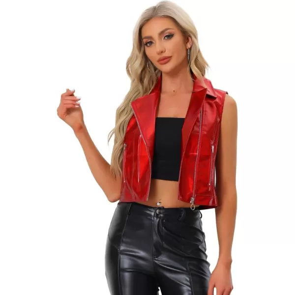 Allegra K Women's Metallic Faux Leather Vest Lapel Collar Zip Halloween Sleeveless Cropped Jacket