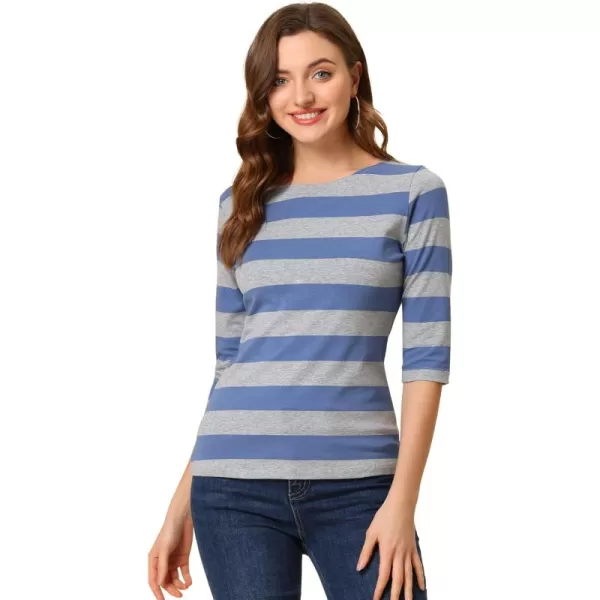 Allegra K Women's Slim Fit Elbow Sleeve Striped Boat Neck T-Shirt