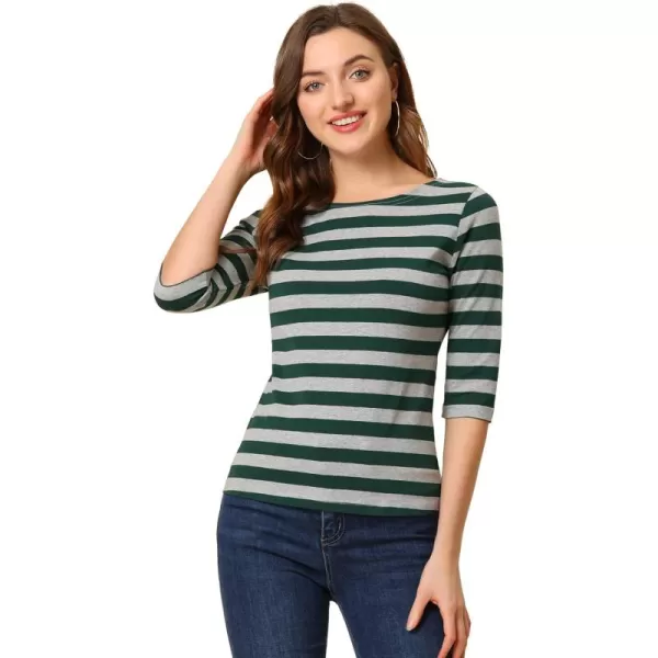 Allegra K Women's Slim Fit Elbow Sleeve Striped Boat Neck T-Shirt