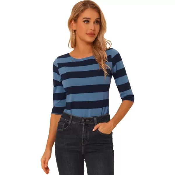 Allegra K Women's Slim Fit Elbow Sleeve Striped Boat Neck T-Shirt