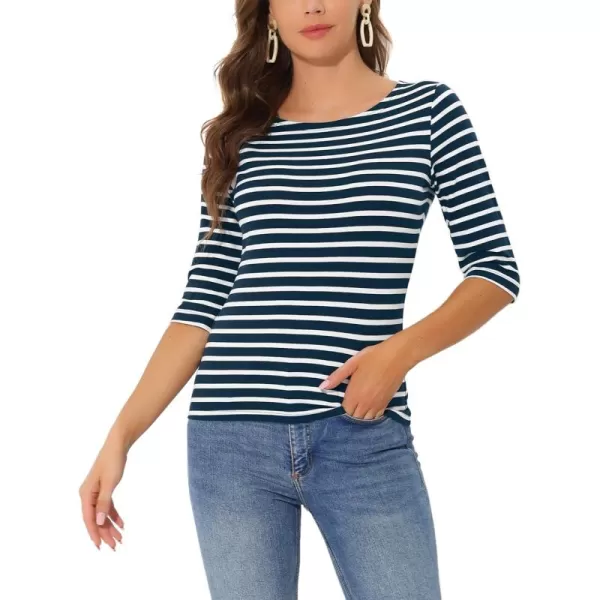 Allegra K Women's Slim Fit Elbow Sleeve Striped Boat Neck T-Shirt